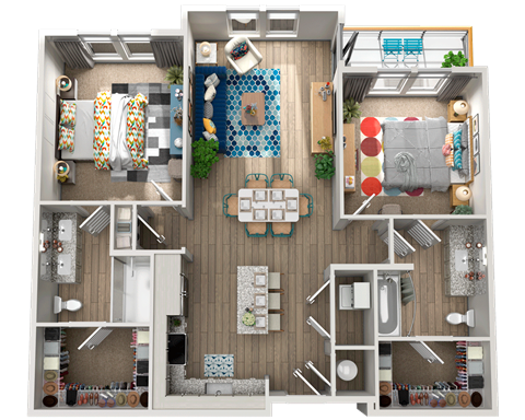 Floor plan for 2 beds, 2 baths, 1057 sqft